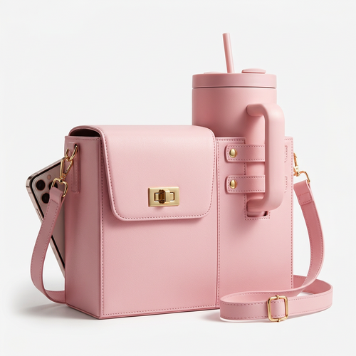 Pink portable cup carrier bag with a built-in handle and shoulder strap, shown on a white background with feature callouts and small inset views. The bag is light pink with gold-tone hardware and a small front clasp detail.